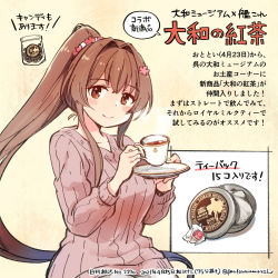 Rule 34 | 1girl, brown eyes, brown hair, brown sweater, cherry blossoms, commentary request, cup, dated, flower, hair flower, hair ornament, highres, kantai collection, kirisawa juuzou, long hair, looking at viewer, numbered, official alternate costume, ponytail, ribbed sweater, saucer, smile, solo, sweater, teacup, traditional media, translation request, twitter username, yamato (kancolle)