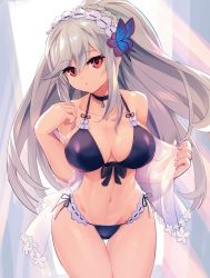 Rule 34 | 1girl, azur lane, bare shoulders, bikini, black bikini, black bow, black choker, black ribbon, bow, breasts, butterfly hair ornament, chingisu, choker, cleavage, collarbone, cowboy shot, dunkerque (azur lane), dunkerque (summer sucre) (azur lane), front-tie bikini top, front-tie top, hair between eyes, hair ornament, hairband, large breasts, long hair, navel, red eyes, ribbon, see-through, side-tie bikini bottom, silver hair, solo, stomach, swimsuit, thigh gap, thighs, white hairband