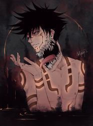 Rule 34 | 1boy, arm tattoo, black hair, black nails, chest tattoo, collarbone, commentary, corruption, english commentary, evil smile, extra eyes, extra mouth, extra teeth, extra tongue, facial tattoo, fushiguro megumi, green eyes, hair between eyes, hand up, highres, jujutsu kaisen, long tongue, looking away, male focus, nail polish, nipples, partially submerged, saucybrtt, short hair, shoulder tattoo, smile, solo, spiked hair, tattoo, tongue, tongue out