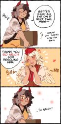 Rule 34 | 2girls, 3koma, animal ears, bird, black hair, blonde hair, breasts, brown hair, chick, choker, closed eyes, comic, commentary, cow ears, cow horns, cow tail, english commentary, english text, grey hair, heart, highres, horns, midriff, multicolored hair, multiple girls, nekolina, niwatari kutaka, open mouth, puffy short sleeves, puffy sleeves, red eyes, ribbon, ribbon choker, shirt, short hair, short sleeves, smile, split-color hair, tail, touhou, two-tone hair, ushizaki urumi, white shirt, wily beast and weakest creature, wings, yellow shirt