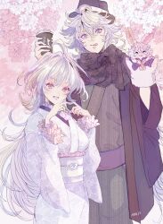 Rule 34 | 1boy, 1girl, :q, absurdres, ahoge, alternate costume, black headwear, black scarf, branch, cherry blossoms, cowboy shot, cup, disposable cup, fate/grand order, fate (series), floral print, flower, fou (fate), frilled sleeves, frills, grey kimono, hair between eyes, hand puppet, hands up, haori, hat, highres, holding, holding cup, japanese clothes, kimono, kinnoashihara, long hair, long sleeves, looking at viewer, merlin (fate), merlin (fate/prototype), obi, obiage, obidome, obijime, outdoors, parted lips, print kimono, print scarf, puppet, purple eyes, red eyes, sash, scarf, signature, smile, spring (season), striped clothes, striped kimono, tongue, tongue out, vertical-striped clothes, vertical-striped kimono, white hair, white kimono, wide sleeves