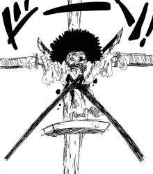 Rule 34 | 1boy, afro, blood, blood on face, closed eyes, crucifixion, death, facial hair, full body, graphite (medium), highres, monochrome, mustache, natalardo, one piece, shimotsuki yasuie, sketch, solo, spoilers, traditional media