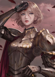 Rule 34 | 1girl, armor, blonde hair, blood, blood on face, blue eyes, cape, commentary, english commentary, falling leaves, gauntlets, hand on own head, hand rest, highres, knight girl, leaf, looking afar, nibelart, original, overcast, parted lips, red cape, sheath, sheathed, short hair, sky, solo, upper body