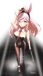 Rule 34 | 1girl, absurdres, animal ears, arm up, bare shoulders, black leotard, braid, breasts, closed mouth, covered navel, detached collar, fake animal ears, fire emblem, fire emblem awakening, full body, highres, holding, holding sword, holding weapon, leotard, long hair, medium breasts, necktie, nintendo, olivia (fire emblem), one eye closed, pantyhose, pink eyes, pink hair, playboy bunny, ponytail, rabbit ears, side braid, skeptycally, solo, standing, strapless, strapless leotard, sword, twin braids, twitter username, weapon, wrist cuffs