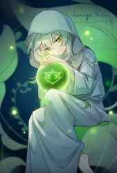 Rule 34 | barefoot, child, commentary, english commentary, genshin impact, gradient hair, green eyes, green hair, hair down, highres, hood, hood up, hooded robe, leaf, long hair, looking at viewer, multicolored hair, nahida (genshin impact), orb, robe, senega yukino, sitting, smile, white hair, white robe