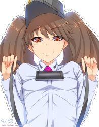Rule 34 | 10s, 1girl, 2016, backlighting, balancing, breasts, brown eyes, brown hair, cellphone, covered erect nipples, dated, def (chronowarld), eyebrows, kantai collection, looking down, magatama, matching hair/eyes, no bra, orange eyes, phone, ryuujou (kancolle), signature, small breasts, smartphone, smile, solo, suspenders, tawawa challenge, trembling, twintails, upper body, visor cap, watermark, wavy mouth, web address