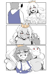 Rule 34 | 1boy, 1girl, 3koma, :d, :|, absurdres, arm up, armpits, bad id, bad pixiv id, bare arms, bare shoulders, blush, boo (mario), breasts, cleavage, closed mouth, collarbone, comic, crown, dress, elbow gloves, facial hair, fang, fang out, frilled dress, frills, gloves, grabbing own breast, hair between eyes, highres, large breasts, licking lips, long hair, long sleeves, looking at another, luigi&#039;s mansion, mario, mario (series), mini crown, mustache, naked overalls, new super mario bros. u deluxe, nintendo, nose blush, open mouth, overalls, princess king boo, puffy short sleeves, puffy sleeves, raised eyebrows, red eyes, saliva, shirt, short sleeves, smile, super crown, taka (0taka), tears, tongue, tongue out, undressing, very long hair