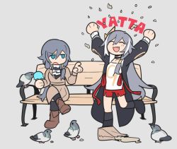 Rule 34 | 2girls, bad id, bad pixiv id, bag, bench, bird, bird wings, black coat, black hair, blue eyes, boots, brown bag, brown coat, brown footwear, casual, coat, crossed legs, dual persona, fang, food, fu hua, fu hua (herrscher of sentience), full body, grey background, hair between eyes, hair ornament, holding, holding food, honkai (series), honkai impact 3rd, ice cream, ice cream cone, long hair, long sleeves, multiple girls, open mouth, outstretched arms, paper bag, ponytail, shirt, simple background, sitting, standing, standing on one leg, white shirt, wings, zaraku
