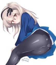 Rule 34 | 1girl, absurdres, alternate costume, ass, black pantyhose, black ribbon, blue skirt, blue sweater, blush, brown eyes, closed mouth, commentary request, crotch seam, dated, from below, girls und panzer, hair ribbon, hands on own knees, highres, invisible chair, kuzuryuu kennosuke, legs, light brown hair, light frown, long hair, long sleeves, looking at viewer, looking down, miniskirt, one-hour drawing challenge, one side up, panties, panties under pantyhose, pantyhose, pleated skirt, ribbon, school uniform, shimada arisu, simple background, sitting, skirt, solo, st. gloriana&#039;s school uniform, sweater, twitter username, underwear, upskirt, white background