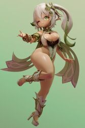 Rule 34 | 1girl, 3d, absurdres, aged up, alternate breast size, ass, blender (medium), bracelet, breasts, cleavage, cleavage cutout, clothing cutout, curvy, genshin impact, green eyes, hair ornament, high heels, highleg, highres, huge ass, jewelry, large breasts, leotard, multicolored hair, nahida (genshin impact), non-web source, one eye closed, pointy ears, side ponytail, smile, solo, symbol-shaped pupils, tagme, thick thighs, thighs, white hair, wink