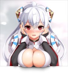 Rule 34 | 1girl, ahoge, blush, breast rest, breasts, cleavage, eto, hair between eyes, hair ornament, hands on own face, head rest, highres, large breasts, long hair, looking at viewer, matoi (pso2), mikoto cluster, open mouth, phantasy star, phantasy star online 2, red eyes, silver hair, simple background, smile, solo, twintails