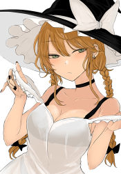 Rule 34 | alternate eye color, bad id, bad twitter id, black bow, black bra, black hat, black nails, black panties, blonde hair, bow, bra, braid, camisole, choker, commentary request, earrings, frilled hat, frills, green eyes, hat, hat bow, jewelry, kirisame marisa, light blush, long hair, nail polish, navel, necro (nekurodayo), panties, solo, touhou, twin braids, unamused, underwear, white bow, witch hat
