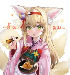 Rule 34 | 1girl, animal ear fluff, animal ears, anthea (neris 45), apron, arknights, artist name, blonde hair, blush, chopsticks, commentary request, flower, food request, fox ears, fox girl, fox tail, frilled apron, frills, green eyes, hair flower, hair ornament, hairband, highres, holding, holding chopsticks, holding plate, japanese clothes, kimono, kitsune, kyuubi, long hair, long sleeves, looking at viewer, multiple tails, obi, official alternate costume, open mouth, pink kimono, pinwheel, plate, red hairband, sash, signature, solo, suzuran (arknights), suzuran (yukibare) (arknights), tail, thai commentary, thai text, translation request, upper body, waist apron, white apron, wide sleeves
