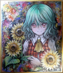 Rule 34 | 1girl, ascot, flower, green hair, kazami yuuka, looking at viewer, mosho, painting (object), red eyes, shikishi, shirt, smile, solo, sunflower, touhou, traditional media, upper body, vest