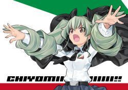 Rule 34 | 1girl, anchovy (girls und panzer), anzio school uniform, text background, belt, black belt, black cape, black necktie, black ribbon, black skirt, brown eyes, cape, character name, commentary request, dress shirt, drill hair, emblem, flag background, frown, girls und panzer, green hair, hair ribbon, highres, inou takashi, italian flag, long hair, long sleeves, looking to the side, necktie, open mouth, pleated skirt, ribbon, school uniform, shirt, skirt, solo, twin drills, twintails, v-shaped eyebrows, white shirt, wing collar