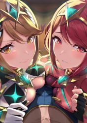 Rule 34 | 2girls, bare shoulders, black gloves, blonde hair, blush, breasts, chest jewel, cleavage, dress, earrings, elbow gloves, fingerless gloves, gloves, highres, jewelry, large breasts, long hair, looking at viewer, multiple girls, mythra (xenoblade), pyra (xenoblade), red eyes, red hair, rex (xenoblade), short hair, smile, swept bangs, tiara, white dress, white gloves, xenoblade chronicles (series), xenoblade chronicles 2, yellow eyes, yuuki shin