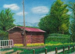 Rule 34 | blue sky, building, colored pencil (medium), fence, flower, forest, grass, highres, mountainous horizon, nakanaori31, nature, no humans, original, plant, power lines, scenery, shed, sky, traditional media, tree, utility pole, wooden fence, wooden wall, yellow flower