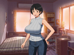 Rule 34 | 1girl, black hair, breasts, brown eyes, female focus, haruharutei, large breasts, mature female, open mouth