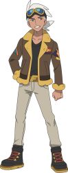 Rule 34 | 1boy, belt, belt buckle, black footwear, black shirt, boots, brown belt, brown jacket, buckle, clenched hand, collarbone, creatures (company), friede (pokemon), full body, game freak, goggles, goggles on head, grey pants, grin, hand on own hip, happy, jacket, long sleeves, looking to the side, male focus, medium hair, nintendo, official art, open clothes, open jacket, pants, pants tucked in, pokemon, pokemon (anime), pokemon horizons, shirt, smile, solo, standing, teeth, transparent background, white hair, yellow eyes