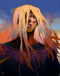 Rule 34 | 1boy, absurdres, beard, blonde hair, blood, blood on face, blood stain, bruise, bruise on face, covering one eye, evening, facial hair, gradient sky, highres, injury, lips, long hair, looking ahead, male focus, messy hair, orange eyes, orange sky, outdoors, parted lips, shirt, sky, solo, thorfinn, torn clothes, torn shirt, tunic, vinland saga, zenhiro
