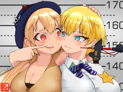 Rule 34 | 2girls, blonde hair, blue eyes, breasts, buttons, cheek-to-cheek, cheek poking, cleavage, dress, face-to-face, frown, girls&#039; frontline, hand on another&#039;s head, hat, heads together, height mark, large breasts, long hair, m870 (girls&#039; frontline), mole, mole under eye, multiple girls, neoyamah, open mouth, poking, police badge, red eyes, ribbon, short hair, strapless, strapless dress, striped ribbon, vsk-94 (girls&#039; frontline)