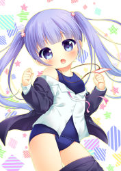 Rule 34 | 10s, 1girl, blazer, blush, clothes pull, highres, jacket, long hair, natsuka (unagi-unagi-unagi), new game!, off shoulder, one-piece swimsuit, open mouth, purple eyes, purple hair, school swimsuit, shirt, skirt, skirt pull, solo, suzukaze aoba, swimsuit, swimsuit under clothes, twintails, unbuttoned