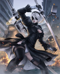 Rule 34 | 1girl, agus sw, artist name, black dress, black footwear, black gloves, black hairband, black ribbon, black thighhighs, blindfold, boots, breasts, building, cleavage, cleavage cutout, clothing cutout, covered eyes, cowboy shot, dress, drone, explosion, floating, gloves, hairband, hands up, highleg, highleg leotard, highres, holding, holding sword, holding weapon, juliet sleeves, katana, leotard, lips, long sleeves, machinery, medium breasts, mole, mole under mouth, nier (series), nier:automata, nose, outdoors, parted lips, pink lips, pod (nier:automata), puffy sleeves, ribbon, robot, short dress, short hair, side slit, solo, sword, thigh boots, thighhighs, turtleneck, vambraces, weapon, weapon on back, white hair, white leotard, 2b (nier:automata)