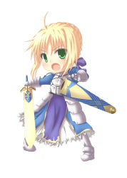 Rule 34 | 1girl, armor, artoria pendragon (fate), blonde hair, chibi, excalibur (fate/stay night), fate/stay night, fate (series), gauntlets, green eyes, highres, kuena, saber (fate), sword, weapon
