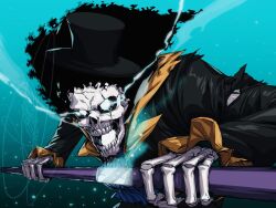 Rule 34 | 1boy, afro, ascot, black hair, blue ascot, brook (one piece), commentary, english commentary, eye trail, frilled sleeves, frills, h potemkin, highres, holding, holding sheath, holding weapon, light trail, long sleeves, male focus, one piece, open mouth, sheath, skeleton, solo, sword, weapon