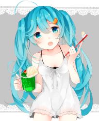 Rule 34 | 1girl, :o, ahoge, blue eyes, blue hair, bra, cherry, commentary request, cream, cream on face, cup, dress, food, food on face, fruit, hair ornament, hatsune miku, highres, icing, kumahara, long hair, matching hair/eyes, mug, nail polish, soda, solo, strap slip, toothbrush, twintails, underwear, vocaloid