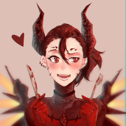Rule 34 | 1girl, black hair, blood, blood on fork, bloody knife, blush, bodysuit, butter knife, chromatic aberration, dark persona, demon horns, devil mercy, facial mark, facing viewer, fangs, forehead mark, fork, gloves, hair between eyes, heart, hei chuan gui, highres, holding, horns, knife, looking to the side, mechanical wings, mercy (overwatch), official alternate costume, open mouth, orange wings, overwatch, overwatch 1, pink background, ponytail, portrait, red bodysuit, red eyes, red gloves, short hair, sideways glance, simple background, sketch, slit pupils, smile, solo, wings