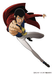 Rule 34 | 1boy, absurdres, arsene lupin iii, belt, black eyes, black hair, blue shirt, dress shirt, foreshortening, full body, highres, incredibly absurdres, jacket, leg up, long sleeves, looking at viewer, lupin iii, male focus, necktie, open mouth, outstretched arms, pants, red jacket, shirt, sideburns, simple background, solo, teeth, tongue, white background, yellow necktie