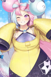 Rule 34 | 1girl, blush, character hair ornament, commentary request, creatures (company), day, eyelashes, game freak, green hair, grey shirt, grin, hair ornament, hands up, highres, iono (pokemon), jacket, long hair, looking at viewer, maremay0513, multicolored hair, nintendo, one eye closed, outdoors, pink hair, pokemon, pokemon sv, purple eyes, shirt, sleeveless, sleeveless shirt, sleeves past fingers, sleeves past wrists, smile, solo, star (symbol), star print, teeth, two-tone hair, yellow jacket