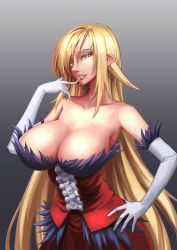 Rule 34 | 1girl, bai linqin, bakemonogatari, bare shoulders, biting, blonde hair, breasts, center frills, cleavage, collarbone, colored eyelashes, female focus, frills, fur trim, glove biting, gloves, gradient background, grey background, hair between eyes, hand on own hip, highres, kiss-shot acerola-orion heart-under-blade, large breasts, long hair, looking at viewer, monogatari (series), oshino shinobu, pointy ears, slit pupils, solo, strapless, undressing, upper body, very long hair, white gloves, yellow eyes