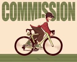 Rule 34 | ambiguous gender, bicycle, black hair, black headwear, blending, brown pants, commission, copyright request, goggles, green footwear, highres, long sleeves, pants, riding, riding bicycle, shoes, short hair, solo, syooooyoooo