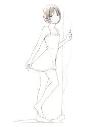 Rule 34 | 1girl, barefoot, dress, flat chest, monochrome, original, short hair, sketch, solo, traditional media, yoshitomi akihito