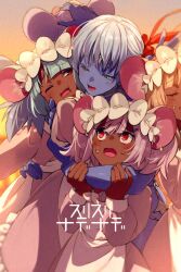 Rule 34 | 5girls, animal ears, apron, bare shoulders, blue eyes, blue skin, blush, breasts, brown dress, closed eyes, colored skin, daikokuten (fate), dark-skinned female, dark skin, dress, earrings, echo (circa), extra arms, fate/grand order, fate (series), hair ribbon, headpat, hug, jewelry, kali (fate), long hair, long sleeves, maid headdress, mouse ears, mouse girl, multiple girls, neck ring, one eye closed, open mouth, pink dress, pink hair, red eyes, ribbon, short hair, smile, third eye, translation request, twintails, wavy mouth, white apron, white hair