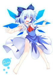 Rule 34 | 1girl, :d, ai takurou, bad anatomy, bad feet, barefoot, blue eyes, blue hair, bow, cirno, embodiment of scarlet devil, fang, feet, female focus, gradient background, hair bow, looking at viewer, matching hair/eyes, open mouth, outstretched arms, poorly drawn, short hair, smile, solo, spread arms, touhou, white background
