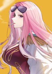 Rule 34 | 1girl, absurdres, breasts, cigarette, coat, coat on shoulders, commentary request, epaulettes, eyelashes, eyewear on head, formal, highres, hina (one piece), jewelry, long hair, looking at viewer, mairu003, necklace, one piece, pink hair, profile, purple eyes, simple background, smoke, solo, suit, upper body, white coat, yellow background