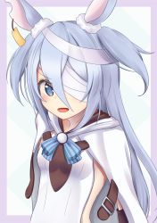 Rule 34 | 1girl, animal ears, bandages, bandage over one eye, blue eyes, rabbit ears, cloak, commentary request, ear tag, highres, little witch nobeta, long hair, minakami mimimi, monica (little witch nobeta), open mouth, silver hair, smile, solo, tabard, two side up, upper body, white cloak, white tabard