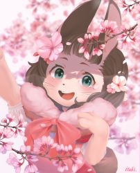 Rule 34 | 1girl, absurdres, animal ears, blue eyes, body fur, bow, cherry blossoms, female focus, flower, furry, furry female, hair flower, hair ornament, highres, itaki (itakinomaturi), open mouth, original, petals, rabbit ears, red bow, solo, whiskers
