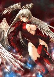 Rule 34 | 1girl, angel wings, araki maki, areola slip, arm strap, armor, breasts, bridal gauntlets, buckle, center opening, cleavage, cleavage cutout, clenched hands, clothing cutout, collar, covered erect nipples, dutch angle, fantasy, final fantasy, final fantasy tactics, groin, hair between eyes, head wings, highleg, highleg leotard, hip focus, holster, lace, lace-trimmed legwear, lace trim, large breasts, legs, leotard, long hair, long legs, looking at viewer, low twintails, narrow waist, nipple slip, nipples, no bra, orange eyes, original, parted lips, red eyes, red leotard, silver hair, solo, sword, thigh holster, thigh strap, thighhighs, thighs, turtleneck, twintails, ultima (fft), vambraces, very long hair, weapon, white wings, wings, yellow eyes