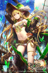 Rule 34 | 1girl, belt, bikini, black cape, blonde hair, blue sky, bow, breasts, bug, butterfly, cape, cleavage, collarbone, copyright name, day, floating hair, frilled bikini, frills, gabiran, grand sphere, green bow, green hat, groin, hair between eyes, hand in own hair, hat, holding, holding own hair, insect, knife, leg ribbon, lens flare, long hair, looking at viewer, medium breasts, navel, official art, orange eyes, orange ribbon, outdoors, pointy ears, ribbon, sheath, sheathed, sky, smile, solo, standing, sun hat, swimsuit, thigh ribbon, very long hair, white bikini