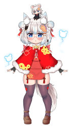 Rule 34 | 2girls, absurdres, ahoge, animal ear fluff, animal ears, bailingxiao jiu, bell, black gloves, black legwear, blue eyes, blue hair, bow, brown bow, brown footwear, capelet, chibi, chibi on head, china dress, chinese clothes, double bun, dress, fingerless gloves, fox ears, fox hair ornament, full body, fur-trimmed capelet, fur trim, glasses, gloves, hair bun, hair ornament, hairclip, heart, heart-shaped pupils, highres, jingle bell, loafers, looking at viewer, mini person, minigirl, mouse ears, mouse girl, mouse tail, multicolored hair, multiple girls, on head, original, pelvic curtain, red-framed eyewear, red bow, red capelet, red dress, round eyewear, shoes, short dress, short eyebrows, silver hair, simple background, skindentation, standing, star (symbol), streaked hair, symbol-shaped pupils, tail, thick eyebrows, thighhighs, white background