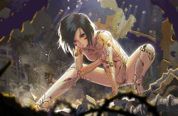 Rule 34 | 1girl, alita, backlighting, battle angel alita, black hair, breasts, brown eyes, cyborg, doll joints, facepaint, full body, highres, joints, long hair, no nipples, no pussy, nude, post-apocalypse, robot joints, ruins, short hair, small breasts, solo, squatting, swept bangs, tea sly
