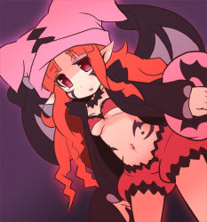 Rule 34 | 1girl, black wings, breasts, demon tail, duel monster, garoudo (kadouhan&#039;i), ghostrick socuteboss, hat, heart, long hair, looking at viewer, midriff, pillow, pointy ears, red eyes, red hair, small breasts, solo, tail, tattoo, wings, yu-gi-oh!