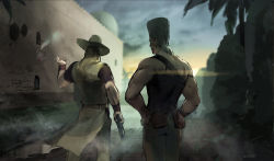 Rule 34 | 2boys, black shirt, blonde hair, blue sky, cloud, cloudy sky, earrings, egypt, emperor (stand), gun, highres, hol horse, holding, holding gun, holding weapon, jean pierre polnareff, jewelry, jojo no kimyou na bouken, long hair, male focus, multiple boys, outdoors, palm tree, pants, shirt, single strap, sky, stand (jojo), stardust crusaders, tree, weapon, white hair, white pants, yellow shirt, zouhyou (at4190)