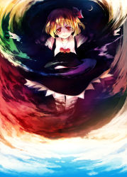 Rule 34 | 1girl, blonde hair, chinchickrin, colorful, crescent moon, darkness, embodiment of scarlet devil, female focus, frills, highres, moon, outdoors, outstretched arms, red eyes, rumia, short hair, sky, smirk, solo, spread arms, touhou
