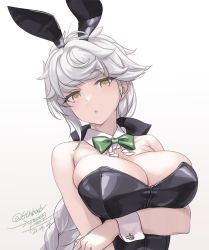 Rule 34 | 1girl, arm under breasts, black leotard, blush, bowtie, braid, breasts, cleavage, collarbone, crossed arms, dated, detached collar, kantai collection, large breasts, leotard, long hair, looking at viewer, messy hair, playboy bunny, rokuwata tomoe, signature, simple background, solo, traditional bowtie, twitter username, unryuu (kancolle), white background, white hair, wrist cuffs, yellow eyes