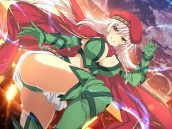 Rule 34 | 1girl, alleyne (queen&#039;s blade), alleyne (queen&#039;s blade) (cosplay), alleyne (queen's blade), ass, bare shoulders, beret, blonde hair, boots, braid, breasts, bustier, cape, cleavage, cosplay, crossover, elbow gloves, fighting master alleyne, gloves, green footwear, green gloves, grin, hat, highres, large breasts, long hair, looking at viewer, official art, outdoors, queen&#039;s blade, red cape, red eyes, senran kagura, senran kagura new link, shoes, side braid, sky, smile, solo, souji (senran kagura), standing, teeth, thigh boots, thighhighs, v-shaped eyebrows, very long hair, weapon, yaegashi nan